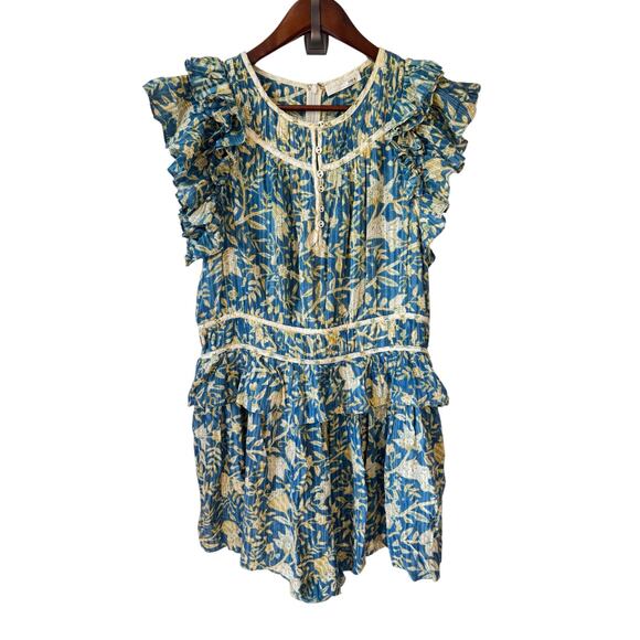 ULLA JOHNSON Endah Playsuit Blue & Yellow Lanai Size 10 Ruffles Frills Floral - Picture 2 of 11